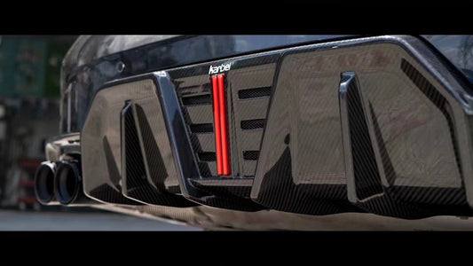 BMW 3 Series 330i (with M-package bumper, does not fit base model) M340i G20 G21 LCI 2023 2024 with Aftermarket Parts - V2 Style Diffuser & Canards Pre-preg Carbon Fiber from Karbel Carbon
