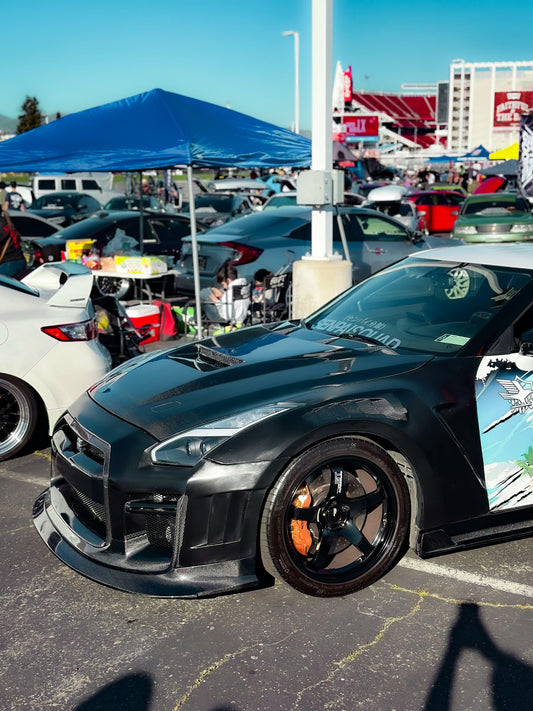 Nissan GTR Nismo Black Edition Track Edition Premium Base CBA DBA 2008 2009 2010 2011 2012 2013 2014 2015 2016 (for installation on 2017 2018 2019 2020 2021 2022 2023 2024 vehicles, 2008 2009 2010 2011 2012 2013 2014 2015 2016 hood is recommended) with Aftermarket Parts - "Godzilla" Narrow Body Front Bumper & Front Lip Carbon Fiber / FRP from Robot Craftsman