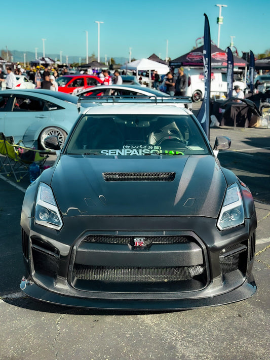 Nissan GTR Nismo Black Edition Track Edition Premium Base CBA DBA 2008 2009 2010 2011 2012 2013 2014 2015 2016 (for installation on 2017 2018 2019 2020 2021 2022 2023 2024 vehicles, 2008 2009 2010 2011 2012 2013 2014 2015 2016 hood is recommended) with Aftermarket Parts - "Godzilla" Narrow Body Front Bumper & Front Lip Carbon Fiber / FRP from Robot Craftsman
