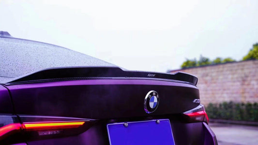 BMW I4 M50 / e Drive 40 (with M-package bumper, does not fit base model) G26 2022-ON & 4 Series Gran Coupe M440i 430i (with M-package bumper, does not fit base model) G26 2022-ON with Aftermarket Parts - Rear Spoiler Pre-preg Carbon Fiber from Karbel Carbon