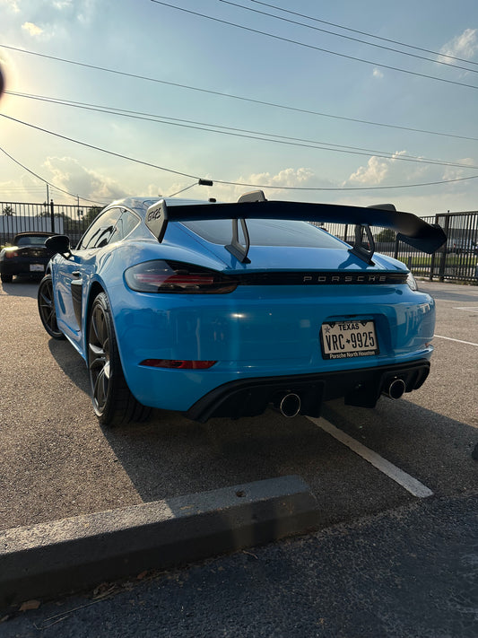 Porsche 981 Cayman (Base / S / GTS) 2012 2013 2014 2015 2016 & 718 982 Cayman (Base / T / S / GTS) 2017-ON with Aftermarket Parts - GT4RS Style Rear Wing Dry Pre-preg Carbon Fiber from Dupont Tech