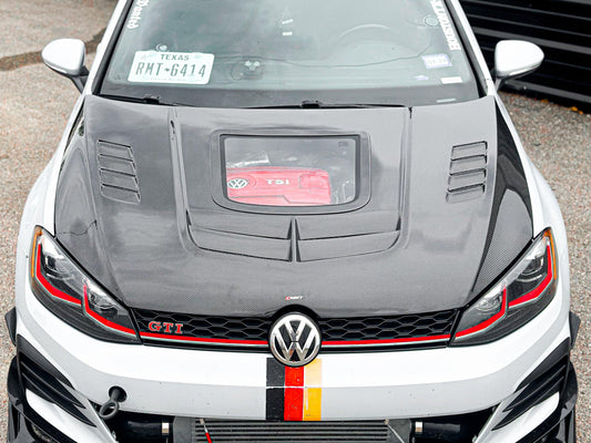Volkswagen Golf R GTI Base MK7 MK7.5 2015-2021 with Aftermarket Parts - V3 Clearview Glass Style Hood Bonnet Carbon Fiber / FRP from CMST Tuning