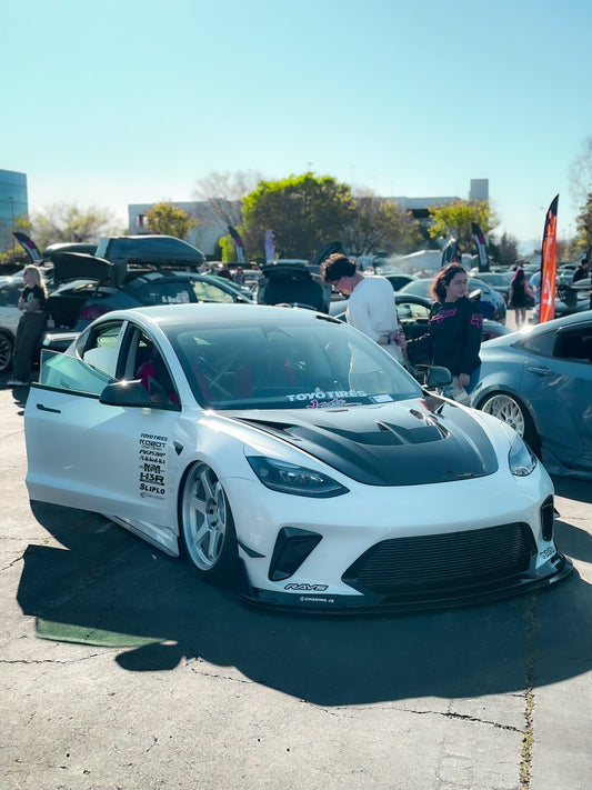 Tesla Model 3 Performance Long Range Standard Base 2017 2018 2019 2020 2021 2022 2023 with Aftermarket Parts - "HACKER" Narrow Body Front Bumper & Front Splitter Carbon Fiber / FRP from Robot Craftsman