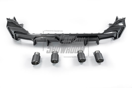 BMW 5 Series 530 540 (with M-package bumper, does not fit base model) G60 G61 2024-ON with Aftermarket Parts - V1 Style Rear Diffuser (Quad Exhaust Tips Included) Pre-preg Carbon Fiber from TAKD Carbon
