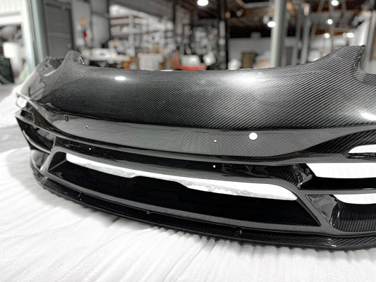 Porsche 718 Cayman / Boxster / GTS 2017-ON with Aftermarket Parts - Front Bumper & Lip Pre-preg Carbon Fiber from TAKD Carbon