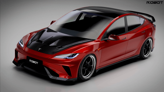 Tesla Model 3 Highland / Performance 2024-ON with Aftermarket Parts - Hacker Hood & Hood Garnish Carbon Fiber / FRP from Robot Craftsman