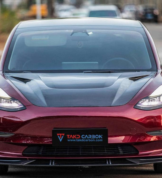 Tesla Model 3 / Performance 2017 2018 2019 2020 2021 2022 2023 with Aftermarket Parts - Hood Bonnet Double-sided Pre-preg Carbon Fiber from TAKD Carbon