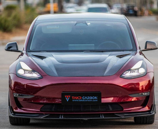 Tesla Model 3 2017 2018 2019 2020 2021 2022 2023 with Aftermarket Parts - Front Lip Pre-preg Carbon Fiber from TAKD Carbon
