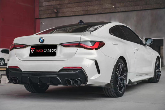 BMW 4 Series 430i (with M-package bumper, does not fit base model) M440i G22 G23 2020-ON with Aftermarket Parts - Rear Diffuser & Canards Pre-preg Carbon Fiber from TAKD Carbon