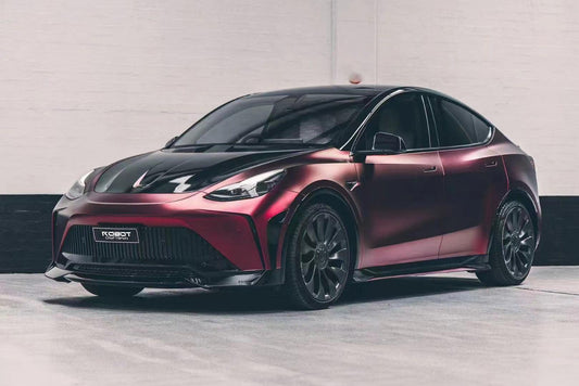 Tesla Model Y Performance AWD Long Range RWD Standard 2020 2021 2023 2024 with Aftermarket Parts - "STARSHIP" Stage 1 Corner Lip (2 pcs) & Stage 2 Corner Lip (4 pcs) & Front Bumper Carbon Fiber from Robot Craftsman