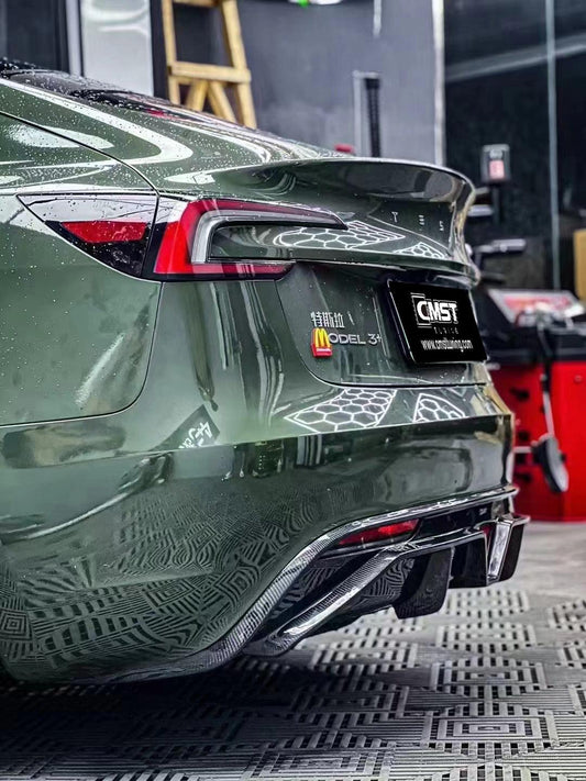 Tesla Model 3 Highland / Performance 2024-ON with Aftermarket Parts - V1 Style Rear Diffuser & Canards Carbon Fiber from CMST Tuning