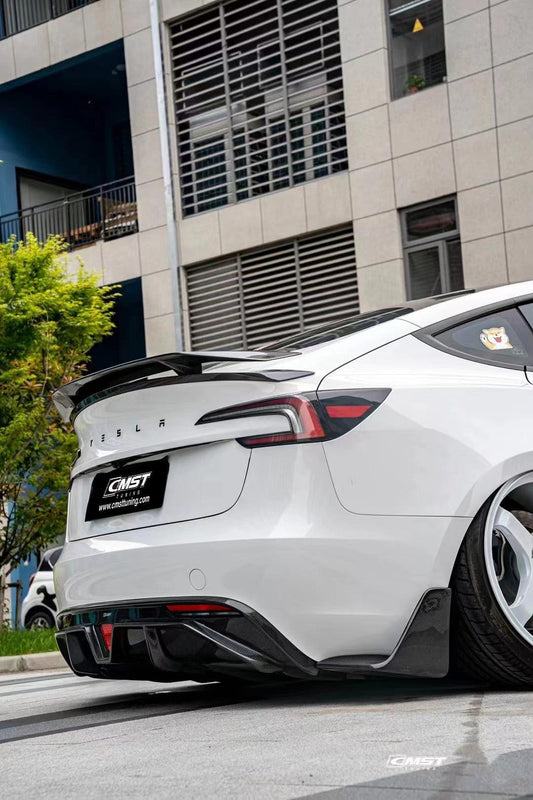 Tesla Model 3 Highland / Performance 2024-ON with Aftermarket Parts - V1 Style Rear Diffuser & Canards Carbon Fiber from CMST Tuning