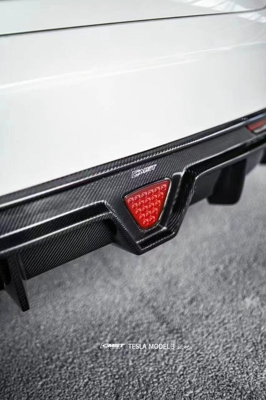 Tesla Model 3 Highland / Performance 2024-ON with Aftermarket Parts - V1 Style Rear Diffuser & Canards Carbon Fiber from CMST Tuning