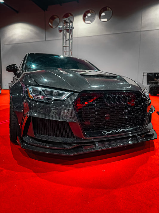 Audi RS3 8V.5 2018 2019 2020 with Aftermarket Parts - Front Lip Pre-preg Carbon Fiber from TAKD Carbon
