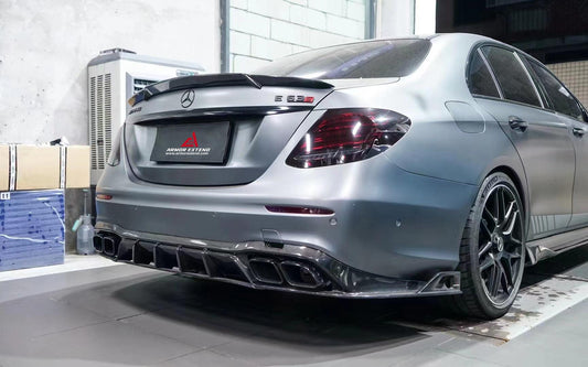 Mercedes Benz E-Class E350 E450 (with sport package bumper) W213 Facelift 2020 2021 2022 2023 2024 & E53 E63/S W213 Facelift 2020 2021 2022 2023 2024 with Aftermarket Parts - AE Rear Diffuser Carbon Fiber from ArmorExtend