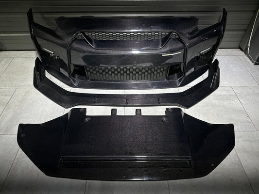 Nissan GTR Nismo Black Edition Track Eidtion Premium Base 2008-2016 (for installation on 2017-2024 vehicles, 2008-2016 hood is recommended) with Aftermarket Parts - Stage 1 Style Front Bumper & Lip (Undertray & DRL included) Carbon Fiber / FRP from CMST Tuning