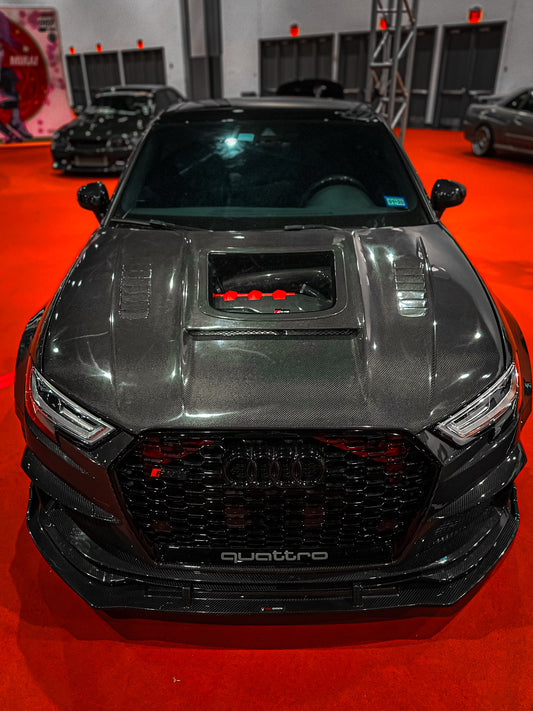 Audi RS3 S3 A3 8V / 8V.5 2014 2015 2016 2017 2018 2019 2020 with Aftermarket Parts - V3 Hood Bonnet Carbon Fiber / FRP from CMST Tuning
