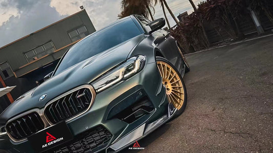 BMW M5 / M5C F90 Pre-LCI 2018 2019 2020 & M5 / M5C F90 LCI 2021 2022 2023 2024 With Aftermarket Parts - AE Lower Lip & Middle Lip Carbon Fiber from ArmorExtend