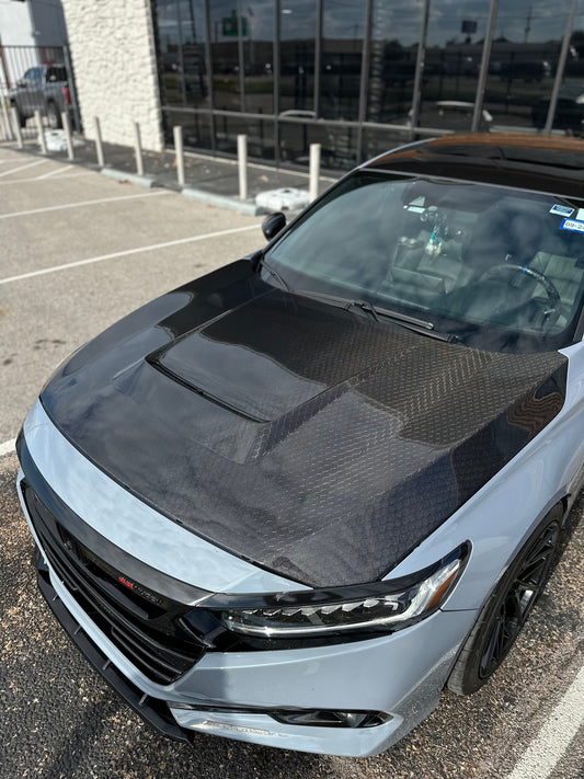Honda Accord 10th Gen 2018-2022 with Aftermarket Parts - V2 Vented Style Hood Bonnet Carbon Fiber / FRP from CMST Tuning