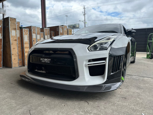Nissan GTR Nismo Black Edition Track Edition Premium Base CBA DBA 2008 2009 2010 2011 2012 2013 2014 2015 2016 (for installation on 2017 2018 2019 2020 2021 2022 2023 2024 vehicles, 2008 2009 2010 2011 2012 2013 2014 2015 2016 hood is recommended) with Aftermarket Parts - "Godzilla" Widebody Front Bumper & Front Lip Carbon Fiber / FRP from Robot Craftsman