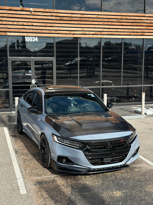 Honda Accord 10th Gen 2018-2022 with Aftermarket Parts - V2 Vented Style Hood Bonnet Carbon Fiber / FRP from CMST Tuning