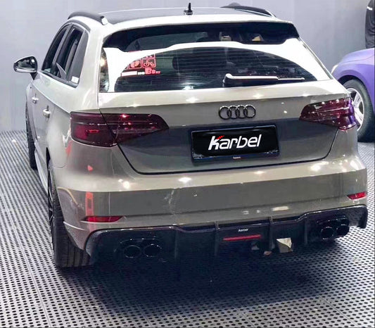 Audi S3 A3 (with S-bumper) 8V.5 2017 2018 2019 2020 With Aftermarket Parts - With LED Light Style Rear Diffuser Pre-preg Carbon Fiber from Karbel Carbon