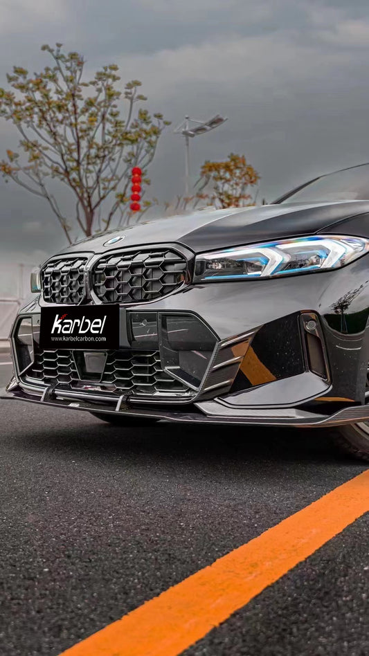 BMW 3 Series 330i (with M-package bumper, does not fit base model) M340i G20 G21 LCI 2023 2024 with Aftermarket Parts - V2 Style Front Lip Pre-preg Carbon Fiber from Karbel Carbon