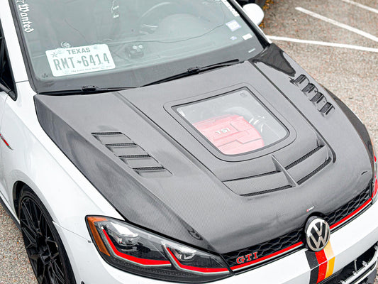 Volkswagen Golf R GTI Base MK7 MK7.5 2015-2021 with Aftermarket Parts - V3 Clearview Glass Style Hood Bonnet Carbon Fiber / FRP from CMST Tuning
