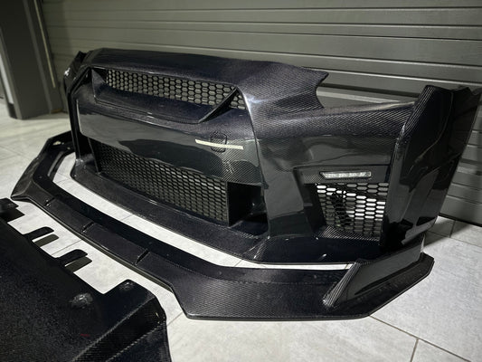 Nissan GTR Nismo Black Edition Track Eidtion Premium Base 2008-2016 (for installation on 2017-2024 vehicles, 2008-2016 hood is recommended) with Aftermarket Parts - Stage 1 Style Front Bumper & Lip (Undertray & DRL included) Carbon Fiber / FRP from CMST Tuning