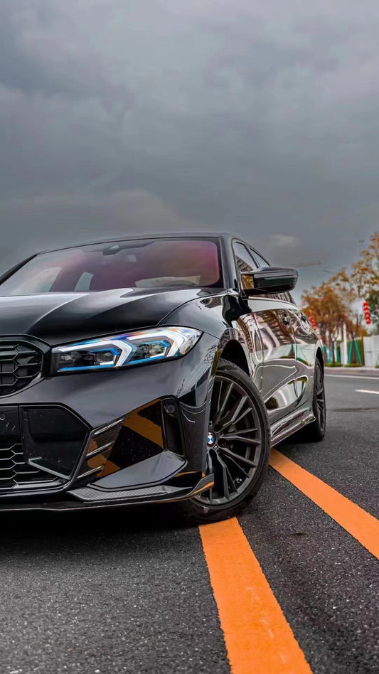 BMW 3 Series 330i (with M-package bumper, does not fit base model) M340i G20 G21 LCI 2023 2024 with Aftermarket Parts - V2 Style Front Lip Pre-preg Carbon Fiber from Karbel Carbon