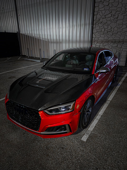 Audi RS5 S5 A5 B9 B9.5 2017-ON with Aftermarket Parts - V2 Tempered Glass Transparent Hood Bonnet Carbon Fiber / FRP from CMST Tuning