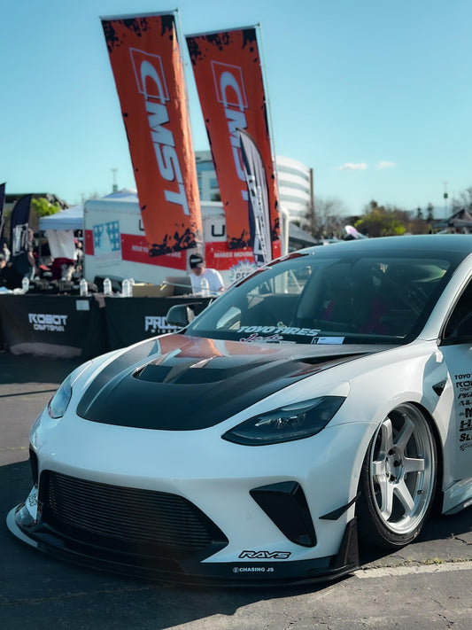 Tesla Model 3 Performance Long Range Standard Base 2017 2018 2019 2020 2021 2022 2023 with Aftermarket Parts - "HACKER" Narrow Body Front Bumper & Front Splitter Carbon Fiber / FRP from Robot Craftsman