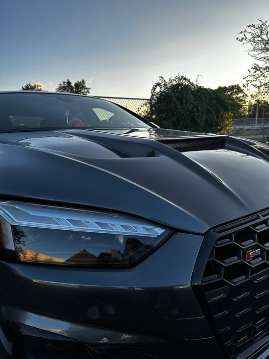 Audi RS5 S5 A5 B9 B9.5 2017-ON with Aftermarket Parts - V2 Tempered Glass Transparent Hood Bonnet Carbon Fiber / FRP from CMST Tuning
