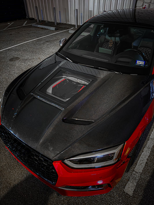 Audi RS5 S5 A5 B9 B9.5 2017-ON with Aftermarket Parts - V2 Tempered Glass Transparent Hood Bonnet Carbon Fiber / FRP from CMST Tuning