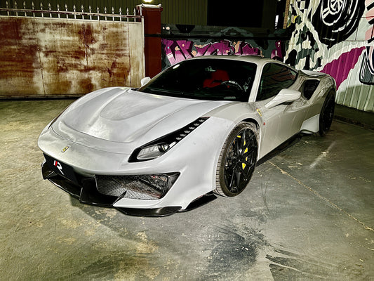 Ferrari 488 GTB & Spider with Aftermarket Parts - 1:1 Pista Style Front Bumper Pre-preg Carbon Fiber / FRP from Aero Republic