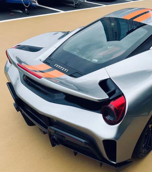 Ferrari 488 GTB 2016 2017 2018 2019 2020 with Aftermarket Parts - 1:1 Pista Style Rear Lip Spoiler Carbon Fiber / FRP from Aero Republic