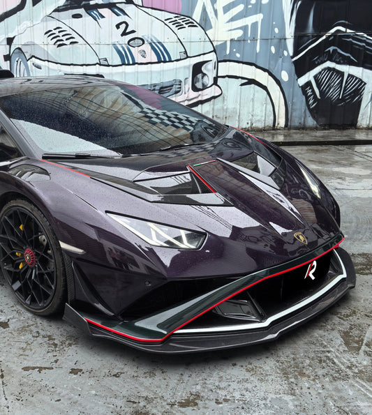 Lamborghini Huracan STO 2021 2022 2023 2024 with Aftermarket Parts - Vor Style Front Lip Pre-preg Carbon Fiber / FRP from Aero Republic