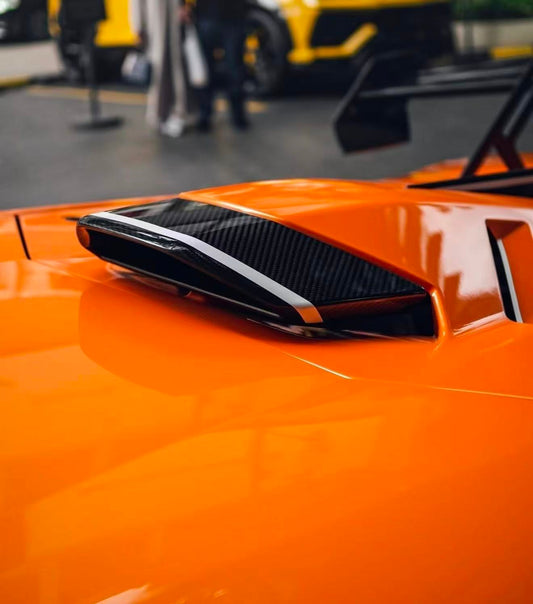 Lamborghini Huracan STO 2021 2022 2023 2024 with Aftermarket Parts - 1:1 STO OEM Style Rear Engine Bay Vent Trim & Rear Engine Bay Canard & Rear Engine Cover Pre-preg Carbon Fiber / FRP from Aero Republic