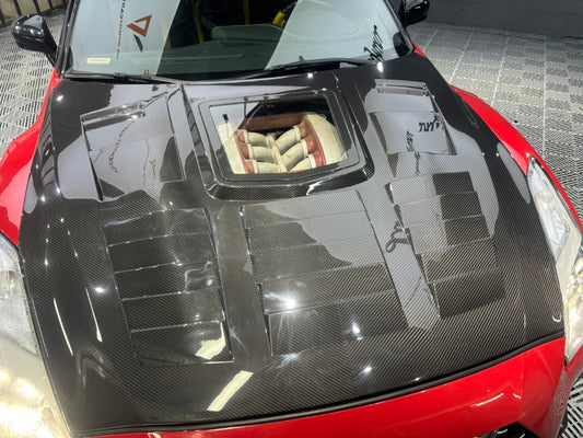 Nissan GTR R35 CBA DBA 2008 2009 2010 2011 2012 2013 2014 2015 2016 (for installation on 2017 2018 2019 2020 2021 2022 2023 2024 vehicles, 2008 2009 2010 2011 2012 2013 2014 2015 2016 front bumper is recommended) with Aftermarket Parts - IMP Style Hood Dry Pre-preg Carbon Fiber from Aero Republic