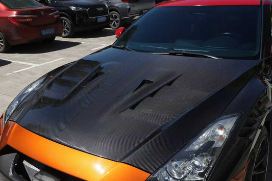 Nissan GTR R35 EBA 2017 2018 2019 2020 2021 2022 2023 2024 (2017+ hood recommended for 2008-2016 model years) with Aftermarket Parts - TS Style Hood Dry Pre-preg Carbon Fiber from Aero Republic