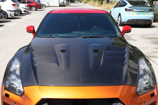Nissan GTR R35 EBA 2017 2018 2019 2020 2021 2022 2023 2024 (2017+ hood recommended for 2008-2016 model years) with Aftermarket Parts - TS Style Hood Dry Pre-preg Carbon Fiber from Aero Republic