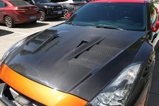 Nissan GTR R35 EBA 2017 2018 2019 2020 2021 2022 2023 2024 (2017+ hood recommended for 2008-2016 model years) with Aftermarket Parts - TS Style Hood Dry Pre-preg Carbon Fiber from Aero Republic
