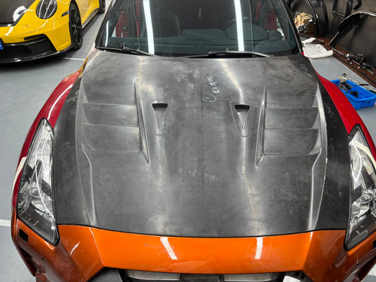 Nissan GTR R35 EBA 2017 2018 2019 2020 2021 2022 2023 2024 & (2017+ hood recommended for 2008 2009 2010 2011 2012 2013 2014 2015 2016 model years) with Aftermarket Parts - TS Style Hood Dry Pre-preg Carbon Fiber from Aero Republic