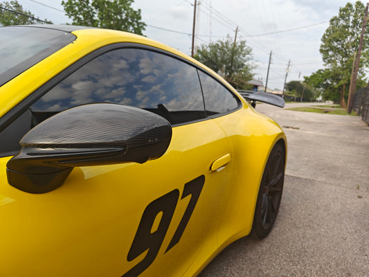 Porsche 911 992 992.1 992.2 Carerra Base/S/T/4/4S/Targa 4/ Targa 4S/GTS/Turbo/Turbo S/GT3/GT3RS Panamera 971 971.1 RWD/Base/4/4S/GTS/Turbo/Turbo S LHD (Left Hand Drive) 2020-ON & Taycan 9J1 Sedan/Cross Turismo RWD/4S/GTS/Turbo/Turbo S LHD (Left Hand Drive) 2020-ON with Aftermarket Parts - OE Style Replacement Mirror Caps Pre-preg Carbon Fiber from Aero Republic
