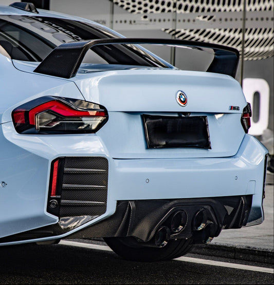 BMW M2 M2C G87 2023 2024 with Aftermarket Parts - MP Style / Center Quad Exit Rear Bumper Center Diffuser Plate Pre-preg Carbon Fiber from Aero Republic