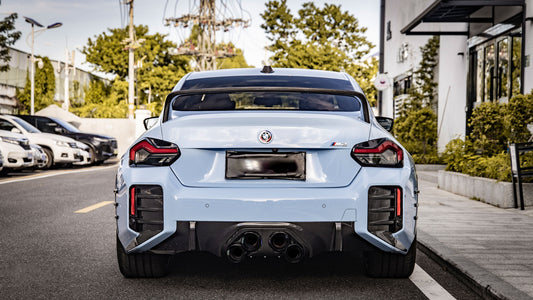 BMW M2 M2C G87 2023 2024 with Aftermarket Parts - MP Style / Center Quad Exit Rear Bumper Center Diffuser Plate Pre-preg Carbon Fiber from Aero Republic