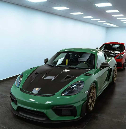 Porsche 981 Cayman & Boxster (all models, including Base / S / GTS / GT4 / Spyder) 2012 2013 2014 2015 2016 718 982 Cayman Base/S/T/GTS/GT4/GT4RS 2017-ON & 718 982 Boxster Base/S/T/GTS/Spyder/Spyder RS 2017-ON & 991.1 911 Carrera Base/S/T/4/4S/Targa 4/ Targa 4S/GTS/Turbo/Turbo S/GT3/GT3RS 2012 2013 2014 2015 2016 & 991.2 911 Carrera Base/S/T/4/4S/Targa 4/ Targa 4S/GTS/Turbo/Turbo S/GT3/GT3RS/GT2RS 2017 2018 2019 with Aftermarket Parts - GT4RS Weissach 1:1 Style Hood Bonnet Dry Carbon