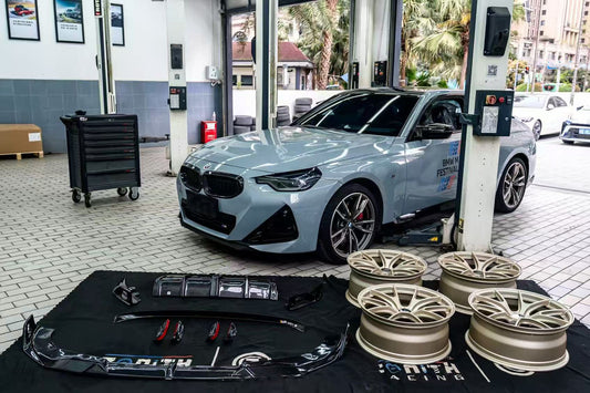 BMW 2 Series G42 230i (With M-Package Bumper) M240i 2022 2023 2024 with Aftermarket Parts - AE Style Front Lip Pre-preg Carbon Fiber from ArmorExtend