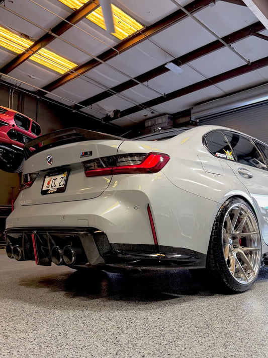 BMW M3 G80 G81 2021 2022 2023 2024 & M4 G82 G83 2021 2022 2023 2024 with Aftermarket Parts - AE V2 Style Rear Diffuser & Canards Carbon Fiber from ArmorExtend