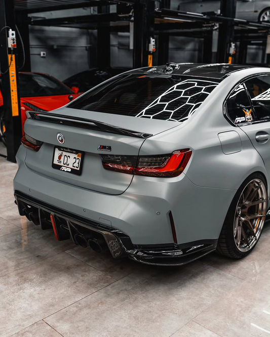 BMW M3 G80 G81 2021 2022 2023 2024 & M4 G82 G83 2021 2022 2023 2024 with Aftermarket Parts - AE V2 Style Rear Diffuser & Canards Carbon Fiber from ArmorExtend